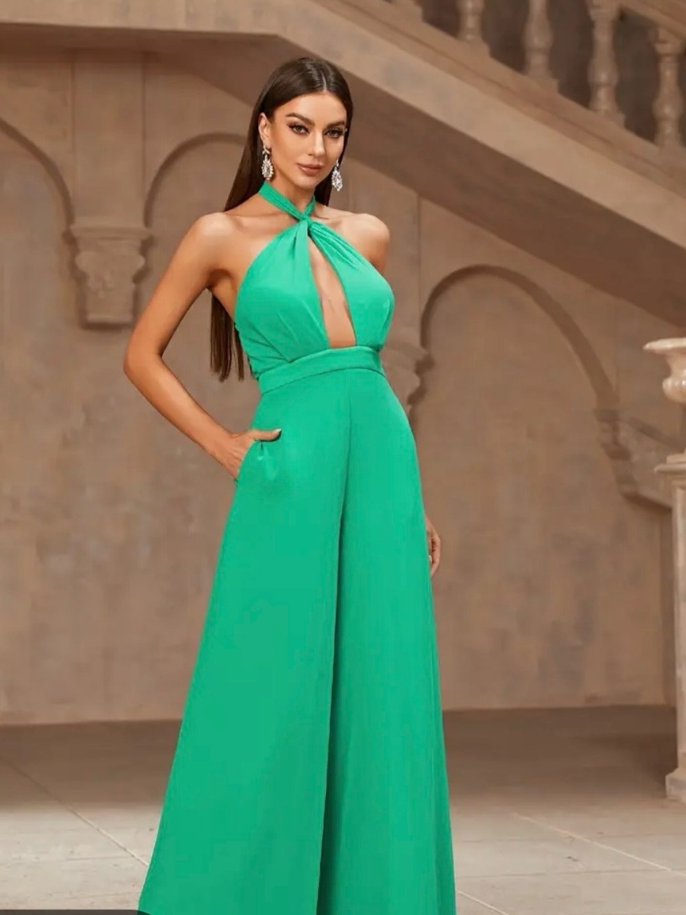 Twist Halter Emerald Green Wide-Leg Jumpsuit